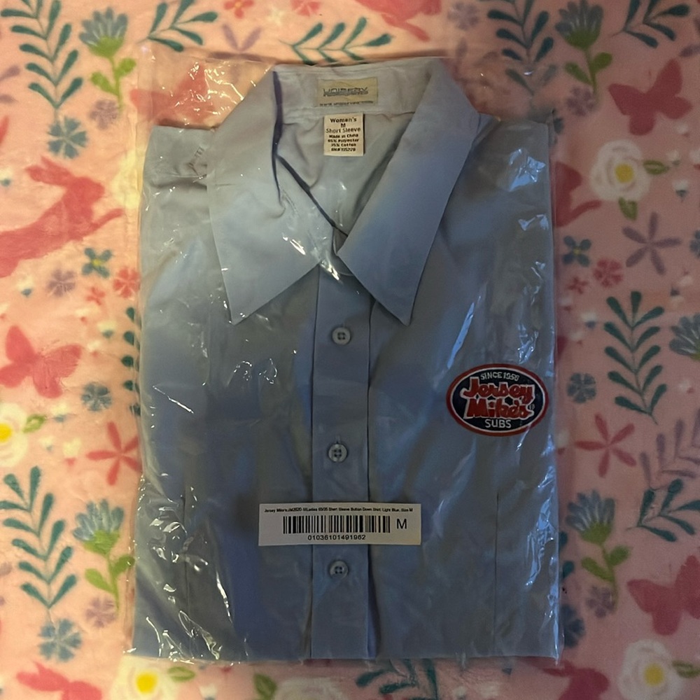 Jersey Mikes Subs Uniform Button Up Shirt Womens Medium Blue Short Sleeve